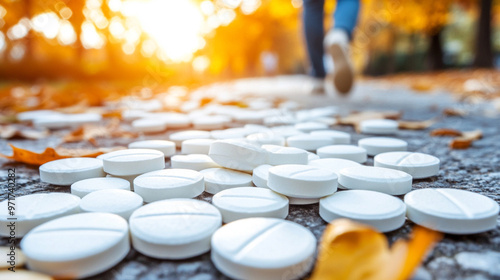 blurred figure in the background, with various pills scattered on the ground, evokes themes of addiction, mental health, and crisis, symbolizing struggles, vulnerability, and the consequences of subst photo