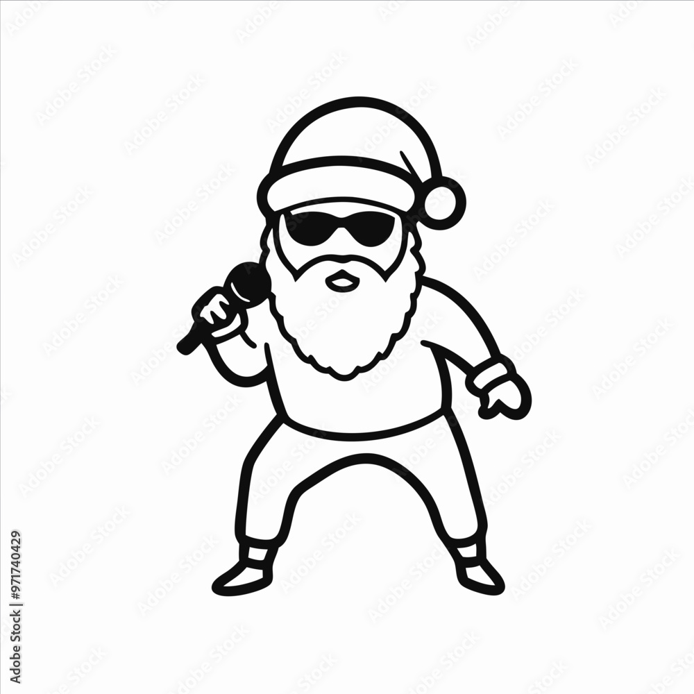 Singing Santa Claus with sunglasses holding a microphone on a white background with copy space Singing Santa Claus with sunglasses holding a microphone on a white background with copy space