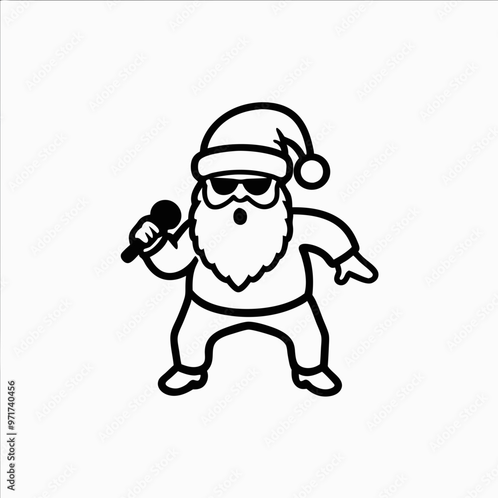 Cool Santa Claus singing with a microphone on a white background with copy space Cool Santa Claus singing with a microphone on a white background with copy space