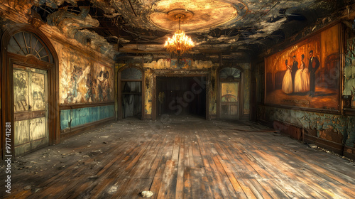 Deserted 1920s dance hall with crumbling walls – An old, neglected dance hall with a wooden floor covered in dust, faded murals of dancing couples on the walls