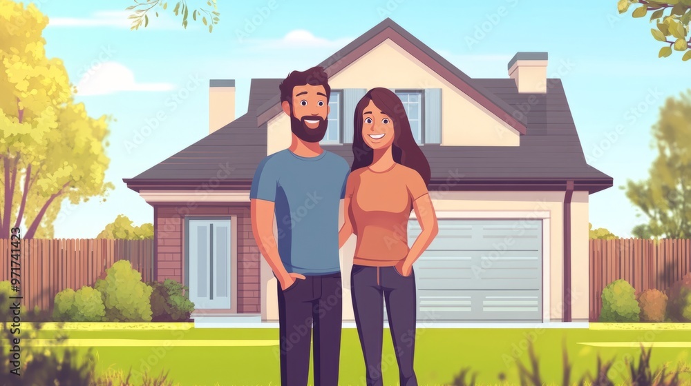 Happy couple standing in front of their new home. Young family buying new house generative ai Happy couple standing in front of their new home. Young family buying new house generative ai