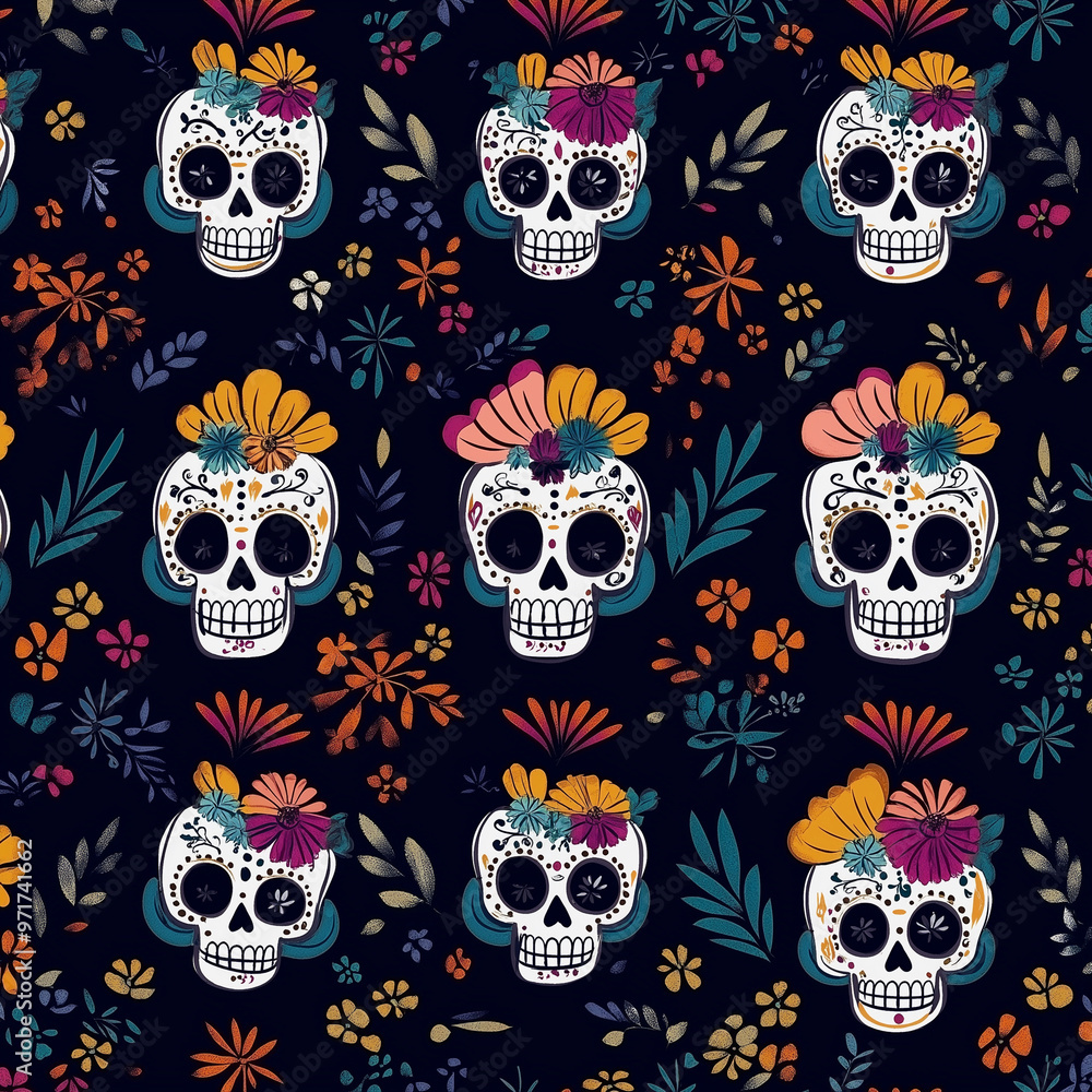 El Día de Muertos themed pattern background, skull decoration for Day of the Dead El Día de Muertos themed pattern background, skull decoration for Day of the Dead