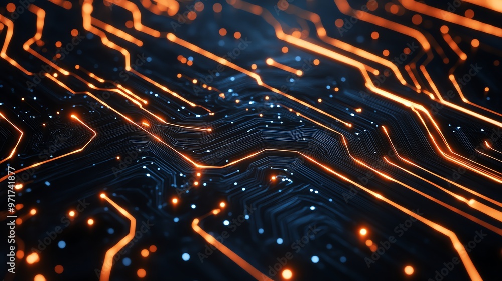 A glowing circuit board with orange lines and blue dots. A glowing circuit board with orange lines and blue dots.