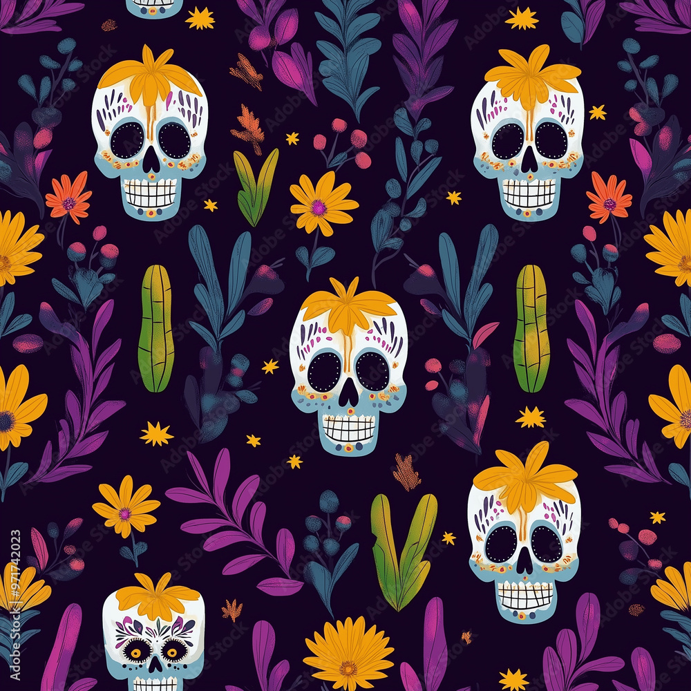 El Día de Muertos themed pattern background, skull decoration for Day of the Dead El Día de Muertos themed pattern background, skull decoration for Day of the Dead