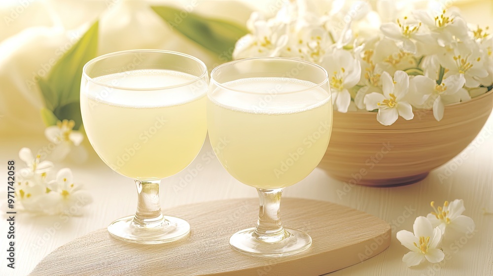 A glass filled with a bright yellow drink is placed next to large yellow flowers and petals on a wooden surface, surrounded by lush green foliage in a sunny garden A glass filled with a bright yellow drink is placed next to large yellow flowers and petals on a wooden surface, surrounded by lush green foliage in a sunny garden