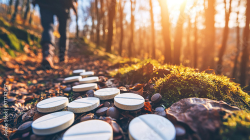 blurred figure in the background, with various pills scattered on the ground, evokes themes of addiction, mental health, and crisis, symbolizing struggles, vulnerability, and the consequences of subst photo