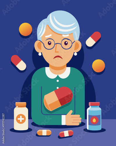 A senior citizen struggling to afford their monthly medications causing them to ration their pills and compromise their health.. Vector illustration