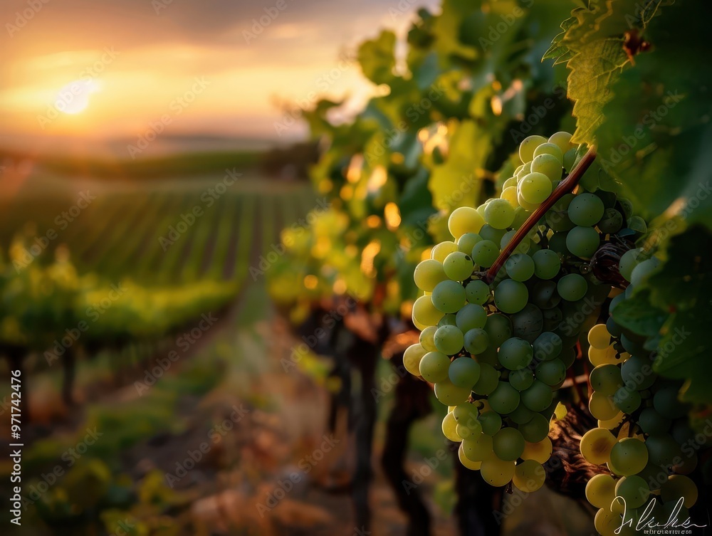 Fototapeta premium Lush green vineyard in summer, serene and abundant, Botanical, Soft greens, Photograph, Wine country