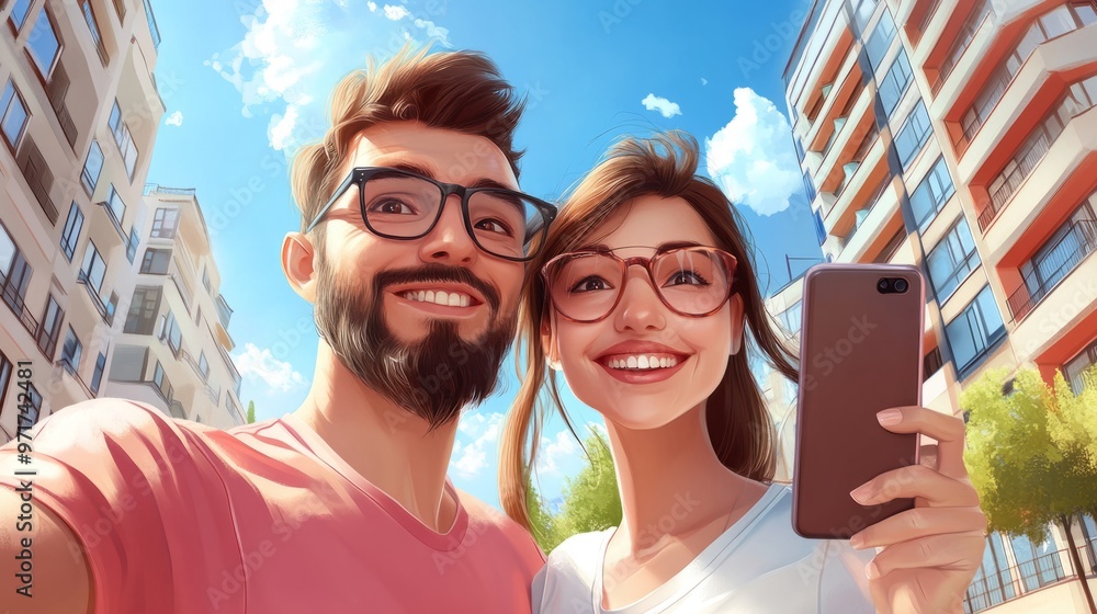 Cheerful couple taking a selfie in front of their new apartment building, city background generative ai Cheerful couple taking a selfie in front of their new apartment building, city background generative ai