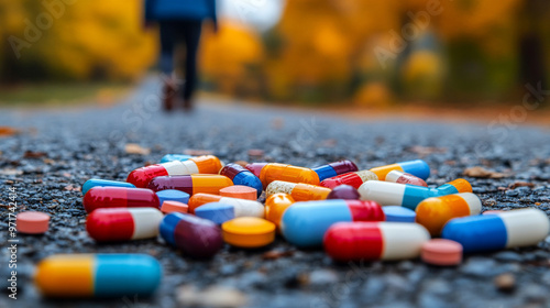 blurred figure in the background, with various pills scattered on the ground, evokes themes of addiction, mental health, and crisis, symbolizing struggles, vulnerability, and the consequences of subst photo