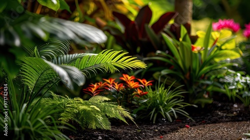 Lush garden with diverse plants, vibrant and serene, Botanical, Soft greens, Photograph, Floral abundance photo