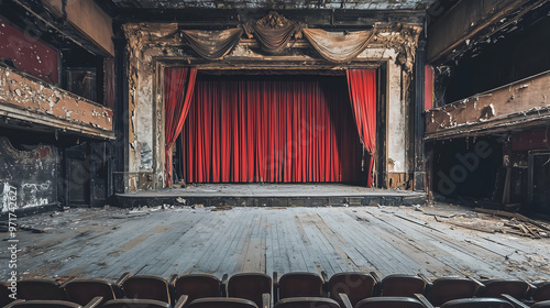 Empty 1920s vaudeville theater stage – A grand but abandoned vaudeville stage, with tattered red curtains, broken wooden floors, and empty seats staring back