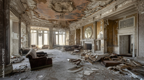 Forgotten 1920s hotel ballroom filled with debris – The grand ballroom, filled with broken furniture, shattered mirrors, and torn, dusty drapes, once filled with laughter and music, now silent photo