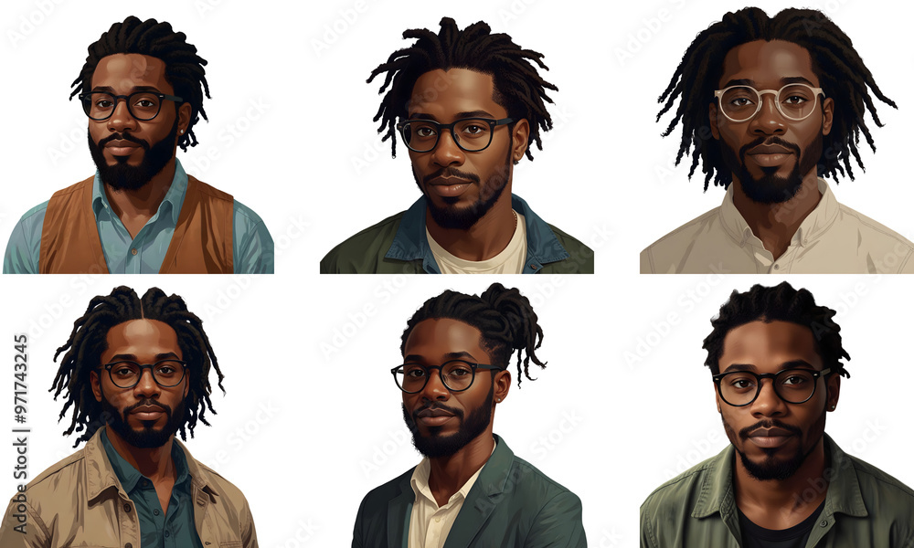 Illustration set of black man with glasses on white background Illustration set of black man with glasses on white background