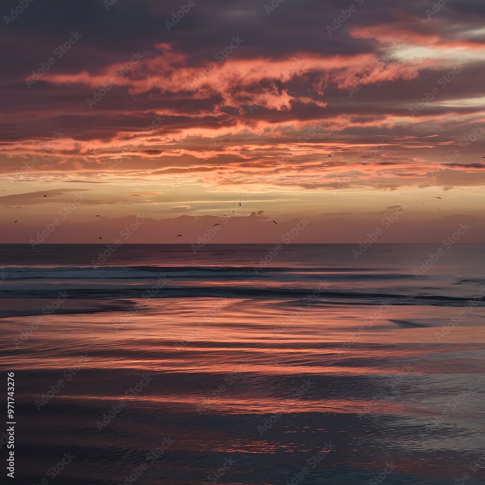 Fototapeta premium Sunset on the ocean. beautiful bright sky, reflection in water, waves.