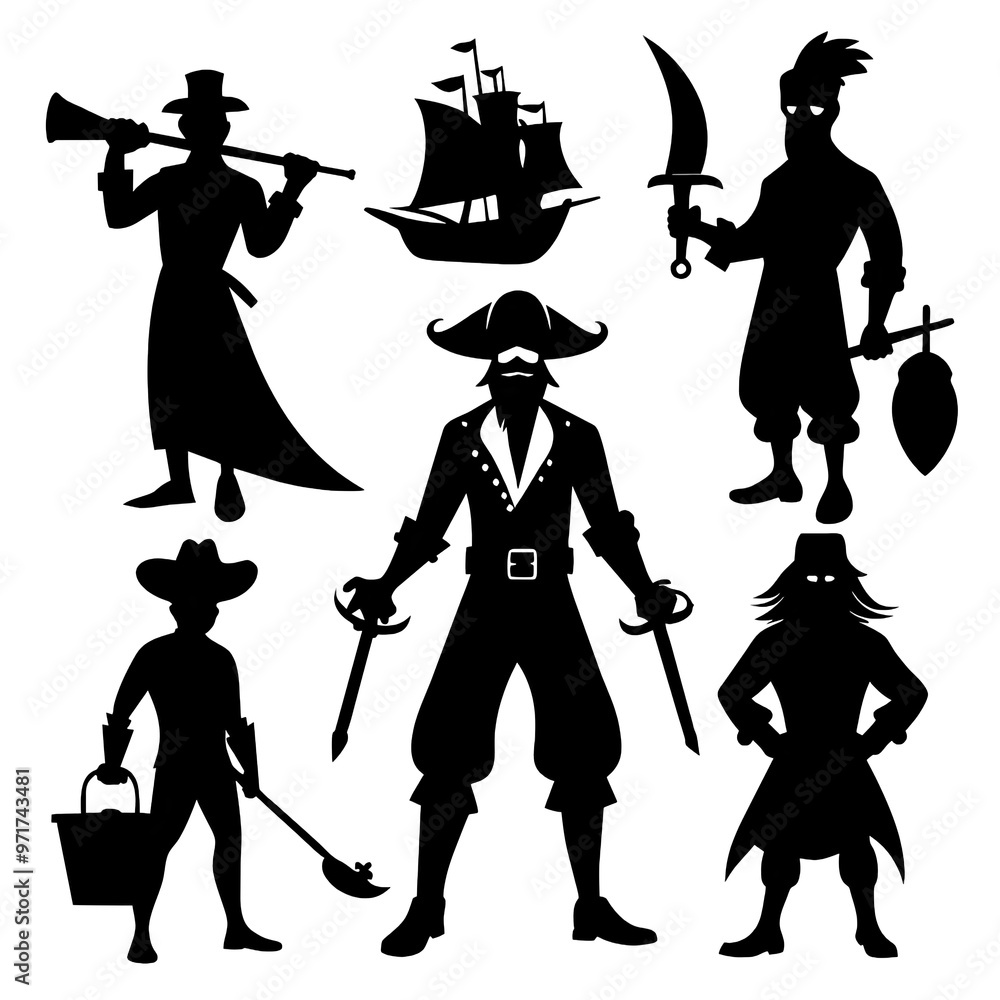 Obraz premium Silhouettes of a diverse set of pirates stand proudly against a light background each representing a unique aspect of pirate life and adventure on the sea