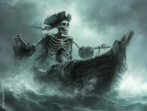 Skeleton pirate navigating a ghost ship through misty waters
