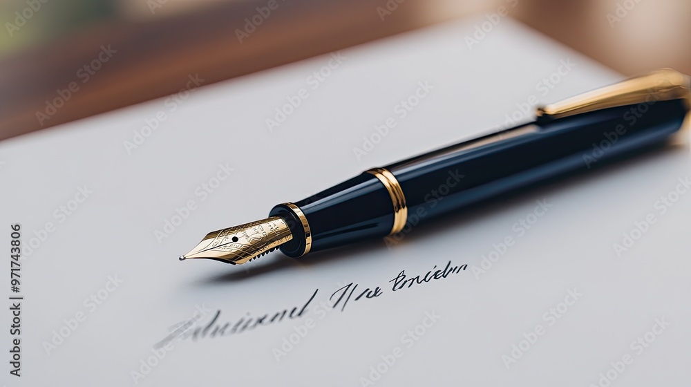 A luxurious golden fountain pen is positioned above a blank page, ready to sign an important document, highlighting the art of fine writing and attention to detail A luxurious golden fountain pen is positioned above a blank page, ready to sign an important document, highlighting the art of fine writing and attention to detail