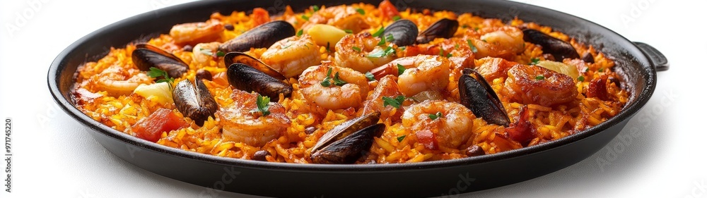 Vibrant Paella Delight, a full-body view of a sumptuous paella in a pan, showcasing colorful ingredients on a pristine white background, inviting and appetizing presentation. Vibrant Paella Delight, a full-body view of a sumptuous paella in a pan, showcasing colorful ingredients on a pristine white background, inviting and appetizing presentation.