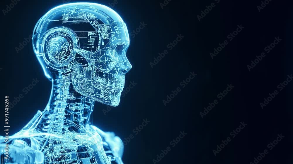 Radiografía de robot humanoide de inteligencia artificial con componentes electrónicos y rasgos humanos en color azúl claro y fondo azul oscuro. 