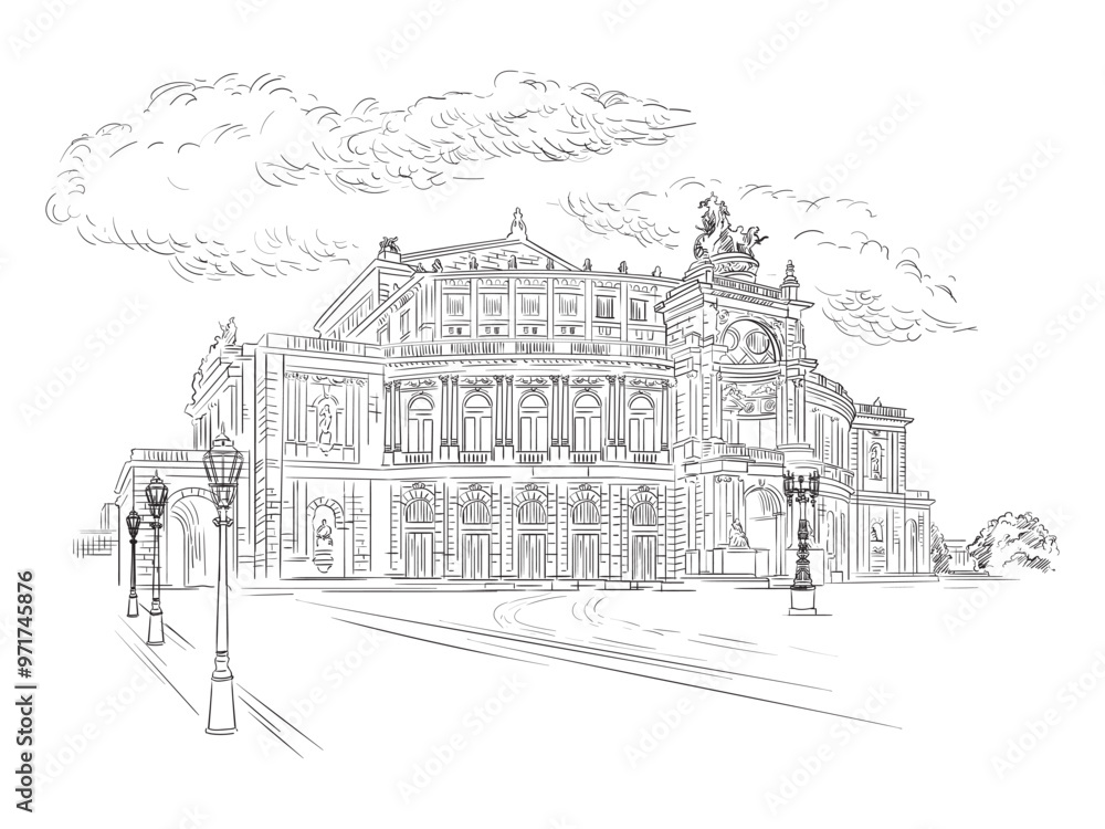 Germany engraving landmark Semper Opera House in Dresden vector Germany engraving landmark Semper Opera House in Dresden vector