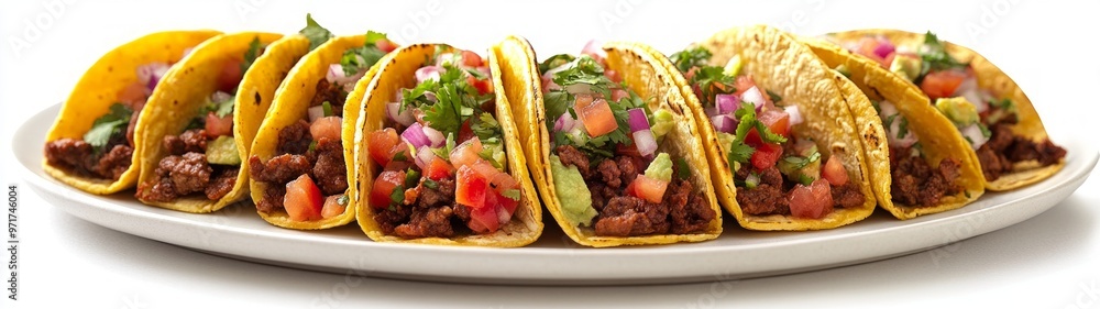 Tacos on a Plate, a vibrant display of mouthwatering tacos artfully arranged on a plate against a clean white background, showcasing their colorful ingredients and textures. Tacos on a Plate, a vibrant display of mouthwatering tacos artfully arranged on a plate against a clean white background, showcasing their colorful ingredients and textures.