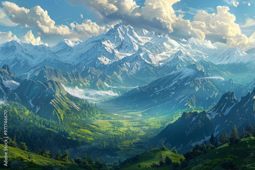 Fototapeta premium A mountain range with snow-capped peaks and a valley in between