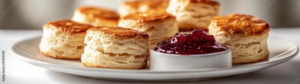 Delightful Scones with Jam, a full-body portrait showcasing freshly baked scones, elegantly arranged with a side of vibrant jam, set against a clean white backdrop. Delightful Scones with Jam, a full-body portrait showcasing freshly baked scones, elegantly arranged with a side of vibrant jam, set against a clean white backdrop.