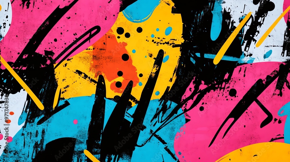 Naklejka premium Abstract colorful geometric shapes with black lines and grunge texture.