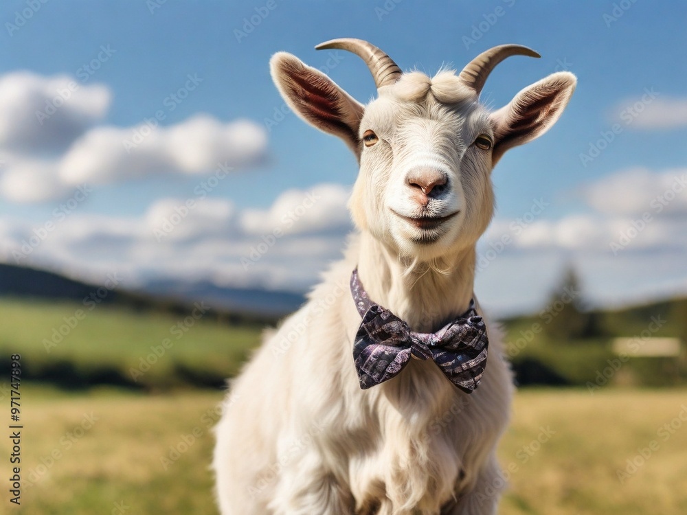 Fototapeta premium A cute goat wearing a dapper bow tie, standing in a sunny field, looking curious and ready for a playful day.