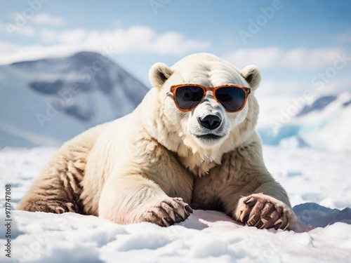  A big polar bear wearing cool sunglasses, lying on a snowy slope in the Arctic, looking playful and relaxed.