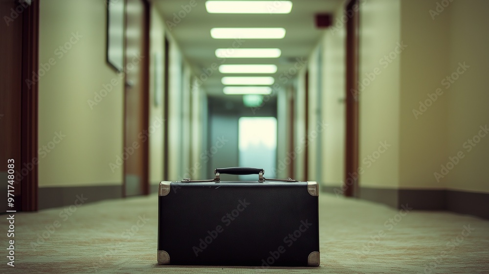 black briefcase lying on the floor in an office hallway black briefcase lying on the floor in an office hallway