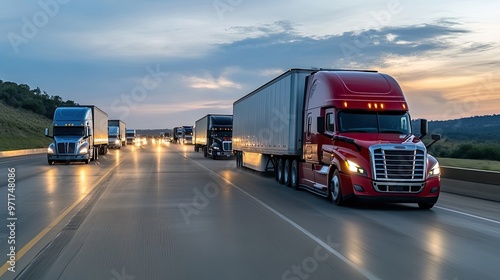 A convoy of red heavy-duty trucks drives in a single file on the highway as evening approaches, highlighting their sleek design and purpose of transporting cargo efficiently