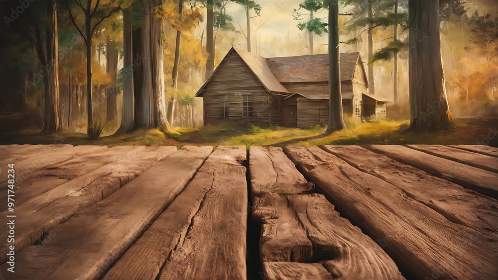 Obraz premium Image of front rustic wood boards and background of trees in forest. image is retro toned