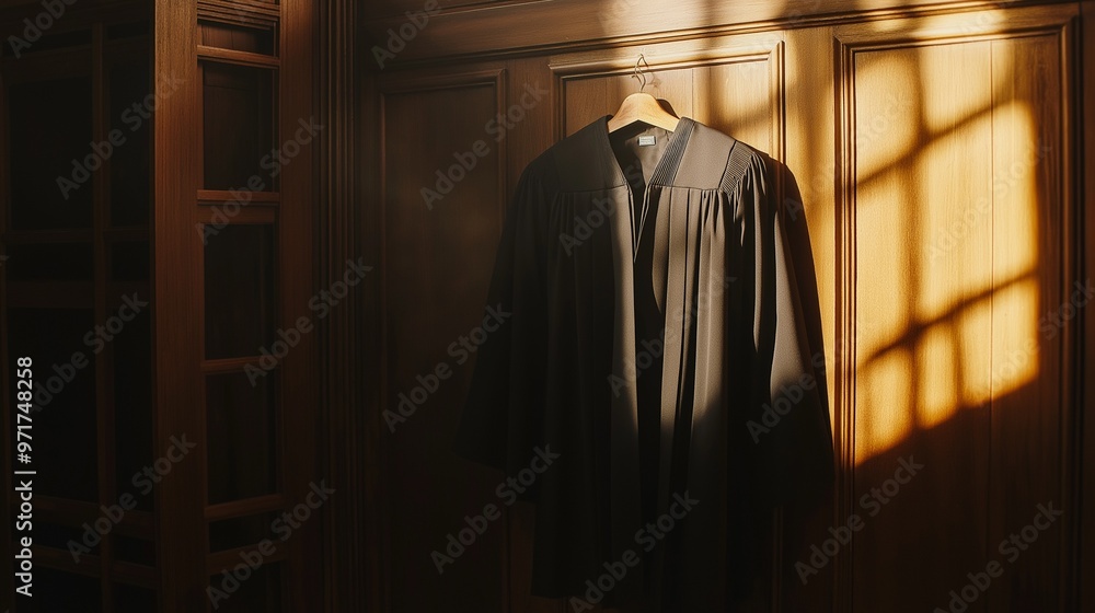 Naklejka premium black judge's robe hanging on a coat rack in the judge's chambers