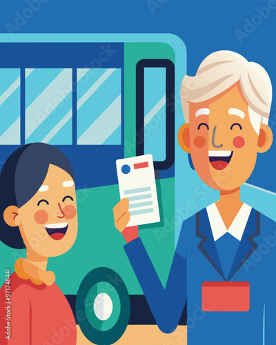 A senior citizen smiles at the bus driver as she shows her discounted fare thankful for the reduced cost of public transit.. Vector illustration