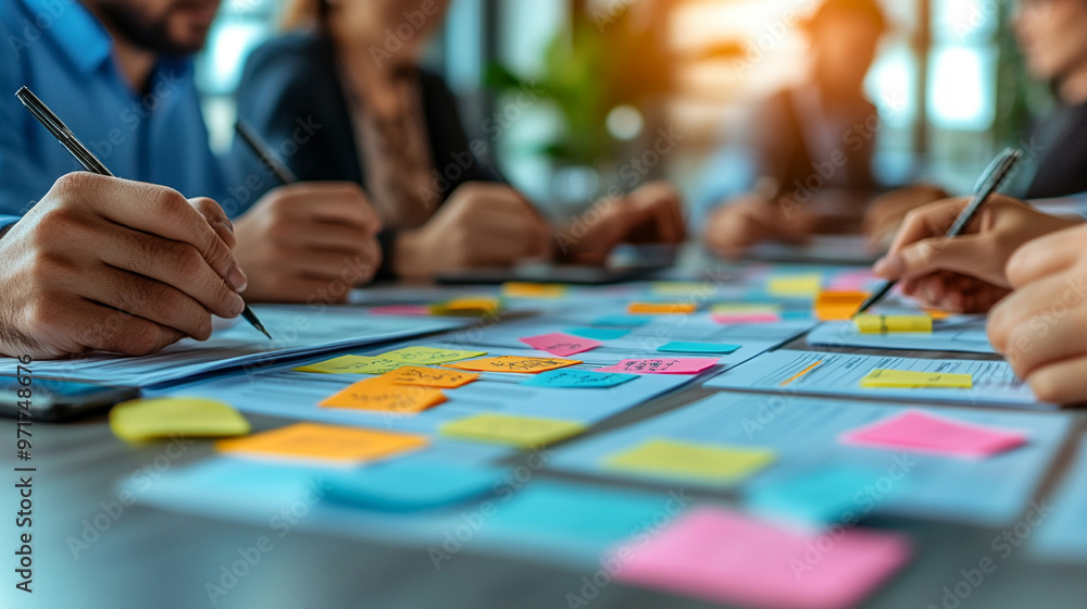 collaborative team working together around a table, hands visible, using sticky notes to brainstorm ideas. The scene emphasizes teamwork, creativity, and problem-solving collaborative team working together around a table, hands visible, using sticky notes to brainstorm ideas. The scene emphasizes teamwork, creativity, and problem-solving