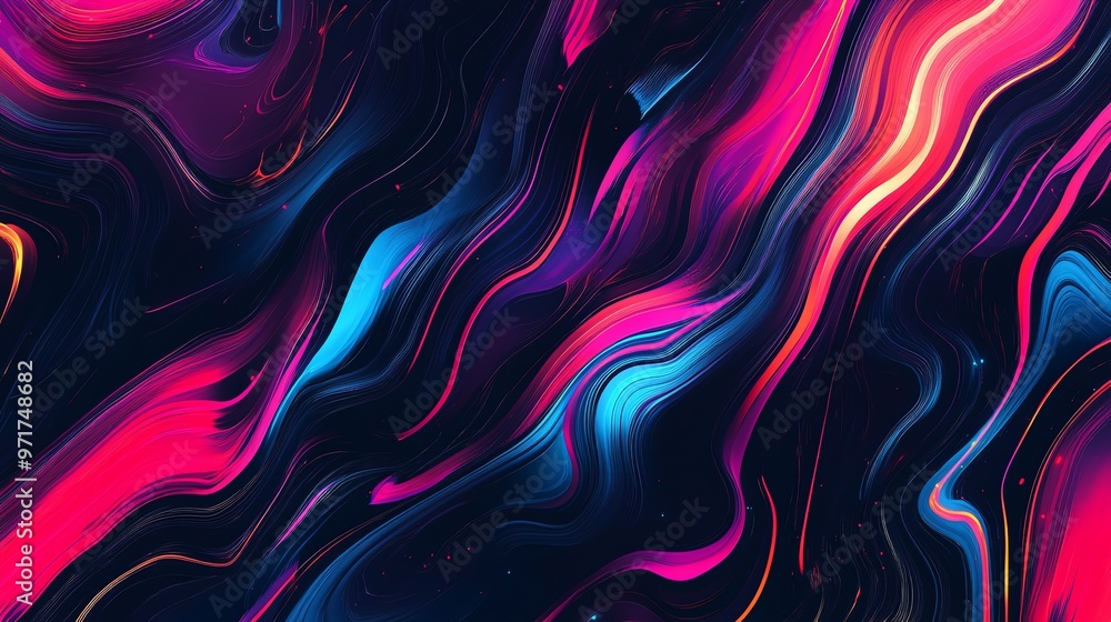 Abstract liquid background with bright pink, blue and yellow streaks on a black background. Abstract liquid background with bright pink, blue and yellow streaks on a black background.
