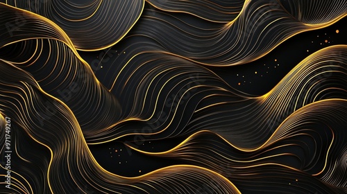 Abstract background with golden lines flowing over a black surface.