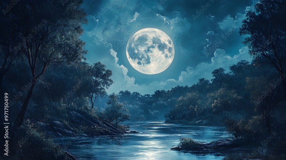 Painting featuring full moon over river and trees image Painting featuring full moon over river and trees image