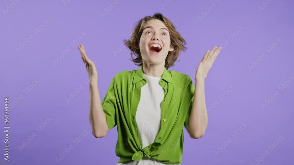 Surprised woman, she expresses cant believe, wow, omg. Impressed lady on violet Surprised woman, she expresses cant believe, wow, omg. Impressed lady on violet