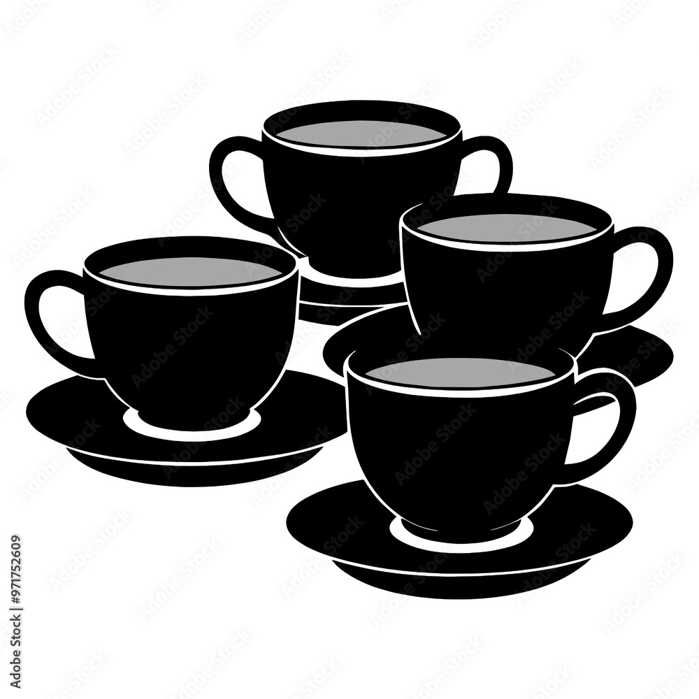 A collection of four tea cups with saucers in black silhouette against a clean white background showcasing a stylish and modern design concept A collection of four tea cups with saucers in black silhouette against a clean white background showcasing a stylish and modern design concept