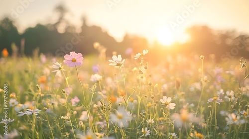 A soft, blurred meadow with wildflowers and a clear sky for text