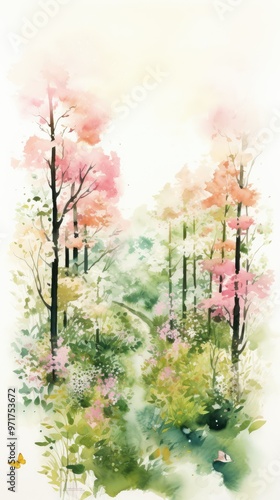 Watercolor painting of a path through a forest.