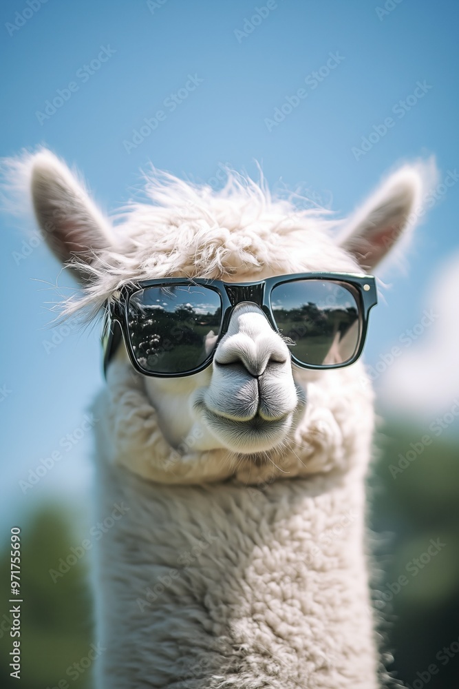 Obraz premium Photo from alpaca in sunglasses at summer. Palms in the background. 