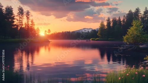 Beautiful painting lake at sunset with trees image