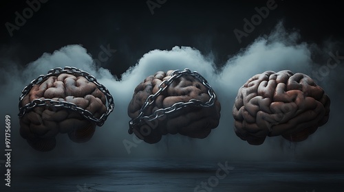 Three human brains chained together in a dark, foggy void. Concept of mental slavery, oppression, and conformity photo