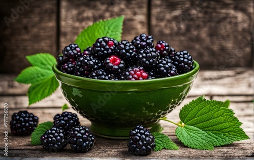 Blackberries in bowls surrounded by green levees on the table. Healthy food. Health and wellness concept. photo