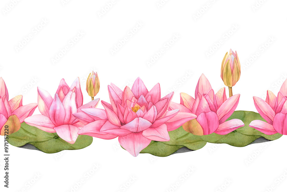 Fototapeta premium Hand drawn Watercolor Seamless Border with pink Lotus Flowers and leaves. Water Lily botanical Illustration on isolated background. Pink tropical Flowers for invitations, print and card design