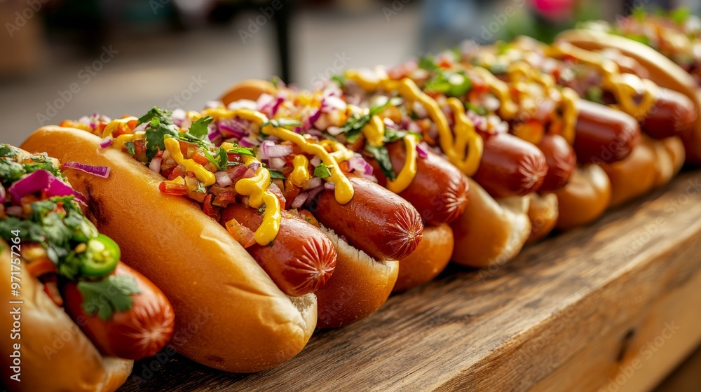 Vibrant gourmet hot dogs stand in a row, each topped with colorful ingredients on a rustic wooden table, adding an appetizing charm to the outdoor market setting Vibrant gourmet hot dogs stand in a row, each topped with colorful ingredients on a rustic wooden table, adding an appetizing charm to the outdoor market setting